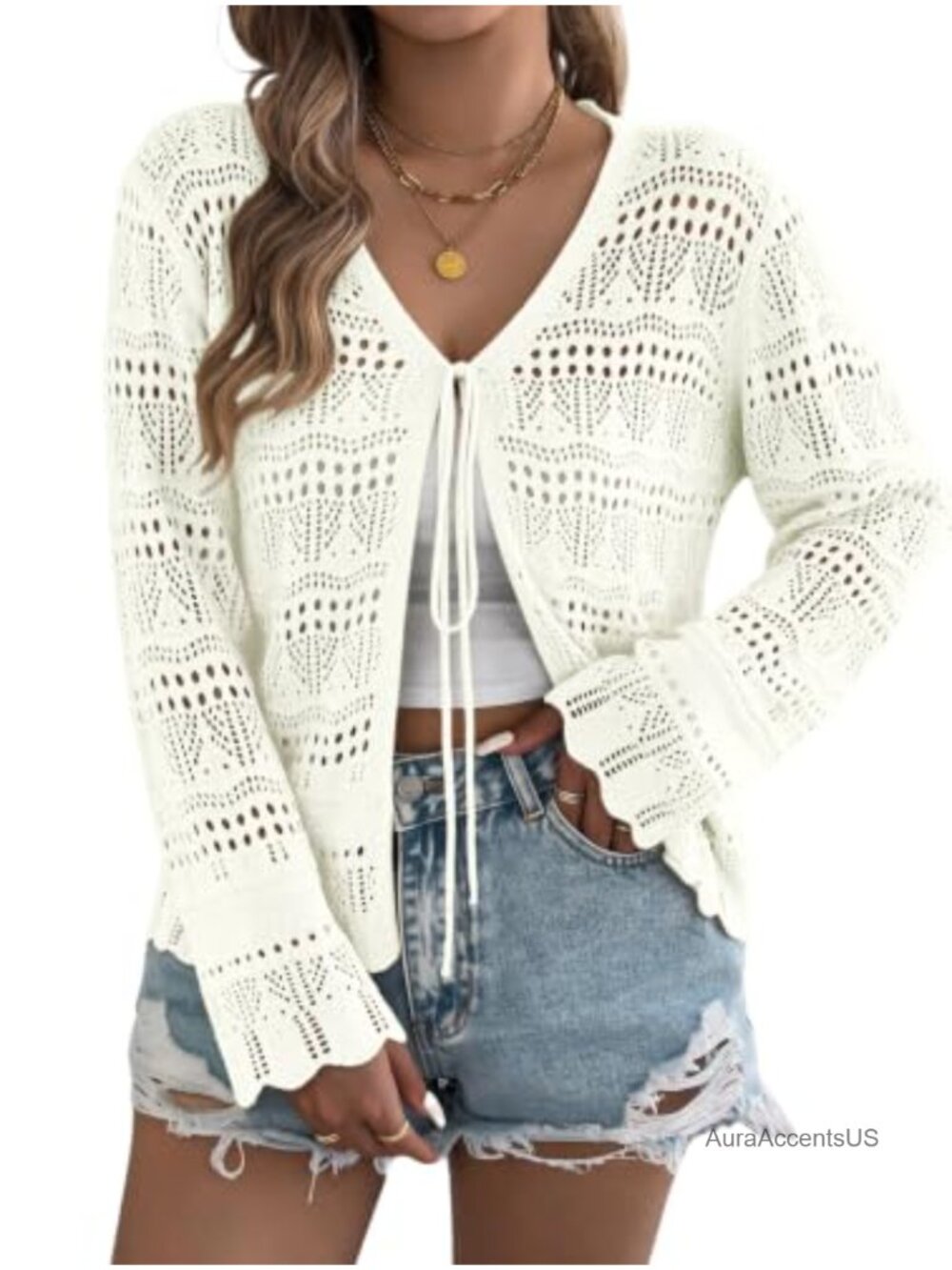 Women's Crochet Tie Front Cardigan Kimono Shrug Boho Knit